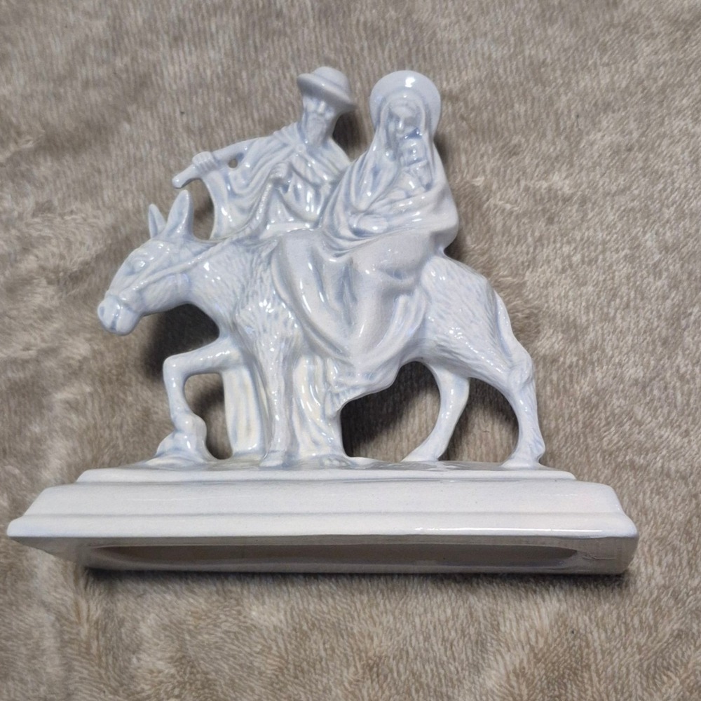 Vintage 1980 Ceramic Holy Family Flight to Egypt Nativity Figurine Light Blue